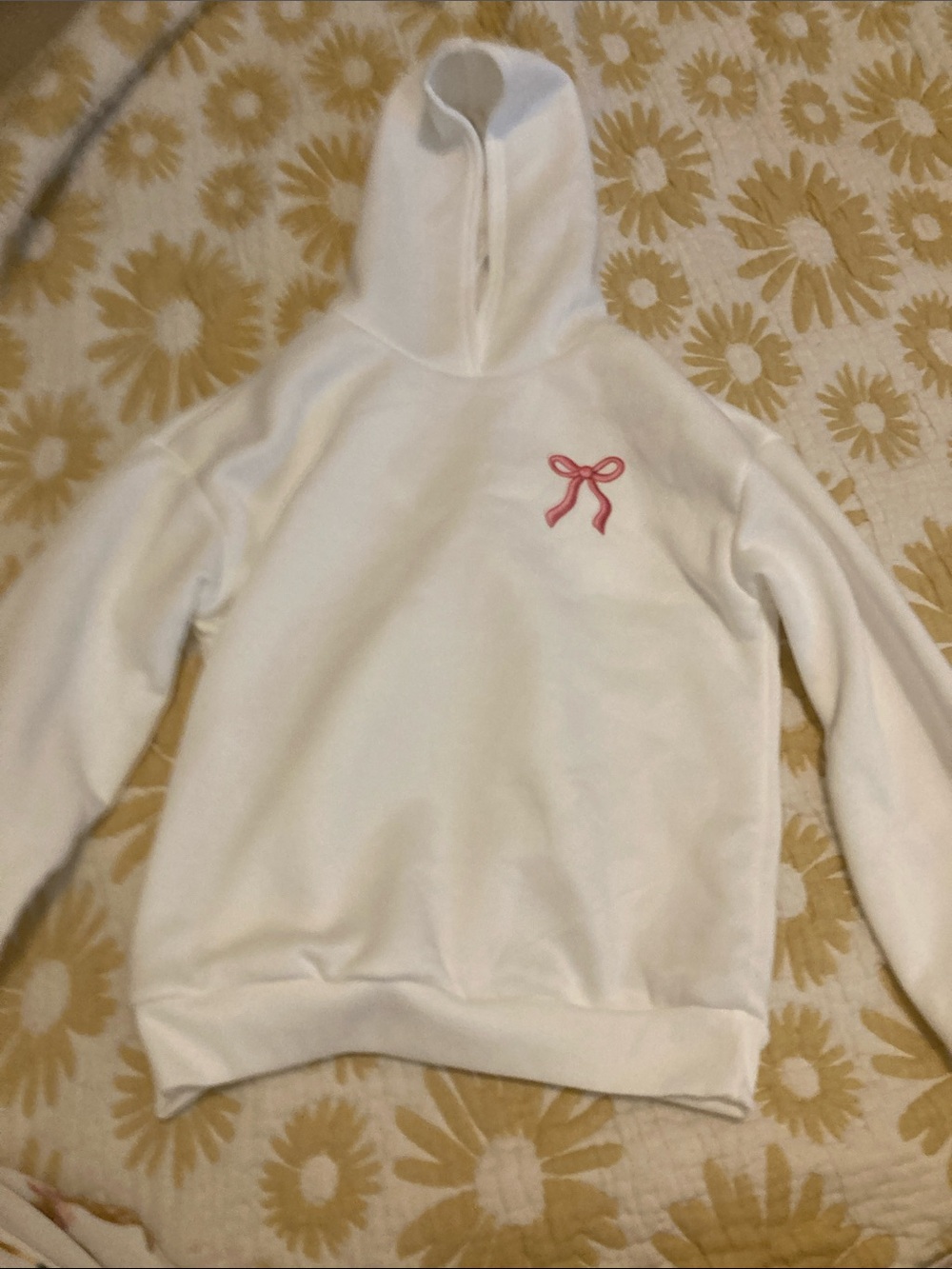 SHEIN White Hoodie with Pink Bow Embroidery